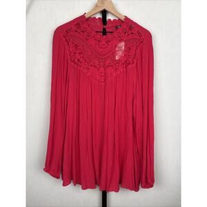 NEW Torrid Crinkle Gauze Blouse Womens 2X Magenta Crochet Detail Top Long Sleeve
